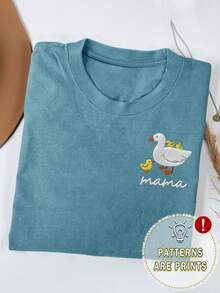 Women's Casual Raglan Letter & Cartoon Duck Print Loose Round Neck T-Shirt - Dusty Blue - View 1