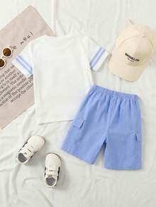 SHEIN Streecool Kids 2pcs/Set Toddler Boys' Letter 94 Print T-Shirt And Khaki Cargo Shorts, Vintage Casual Outfit Boy Summer Outfits - Baby Blue - View 2