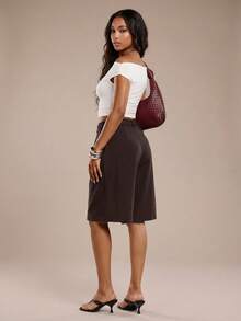 SHEIN Forever 21 女士休闲纯色工装口袋百慕大短裤 - 棕色 - 查看 3