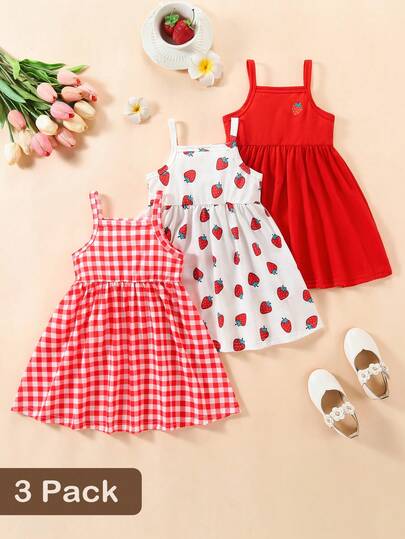 SHEIN Playful Pals 3pcs Baby Girls' Casual Cute Strawberry Plaid Print Spaghetti Strap Dress Set, Suitable For Summer Vacation & Party