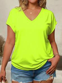 EMERY ROSE Plus Size Women's Summer Solid V-Neck Short Sleeve Casual T-Shirt - Multicolor - View 5