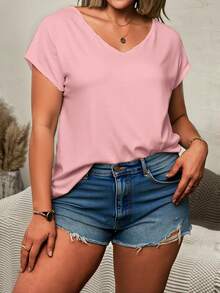 EMERY ROSE Plus Size Women's Summer Solid V-Neck Short Sleeve Casual T-Shirt Clothes For Ladies - Multicolor - View 4