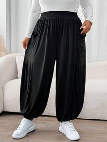 Enliva Plus Size Black Loose Knit Long Women Jogger Pants, For Apple And Rounded Body Shape - Black - View 3