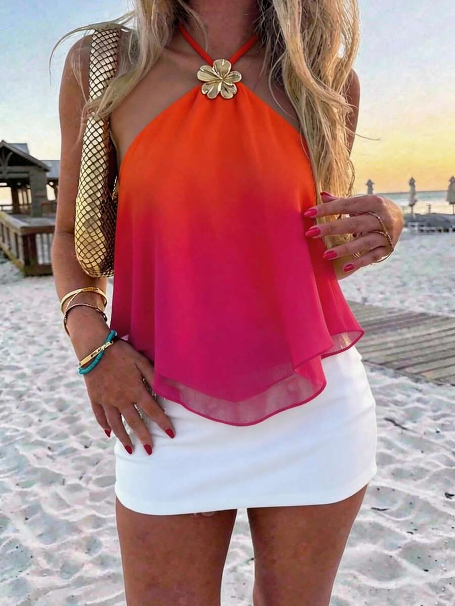 Aloruh 女士金属装饰渐变色围巾下摆系带露背吊带上衣 - 彩色 - 查看 1