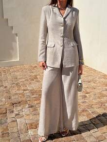 EURMUSE Traje de chaqueta y pantalones de unicolor casual para ir al trabajo - Marrón Mocha - Ver 4