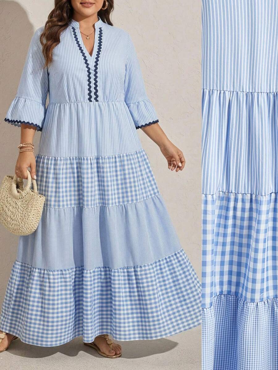 SHEIN LUNE 大码女式V领条纹格子拼接休闲约会派对连衣裙音乐节连衣裙度假连衣裙蓝白连衣裙女式野餐连衣裙蓝色格纹连衣裙宽松连衣裙法式连衣裙荷叶边连衣裙荷叶边半裙度假连衣裙女式度假套装优雅女士连衣裙毕业礼服女式婚礼宾客连衣裙沙滩套装女式夏季连衣裙母亲节连衣裙收腰长裙女式音乐会套装女式办公室套装女式层叠连衣裙女式夏季连衣裙女式野餐连衣裙女式春季连衣裙带袖野餐夏季连衣裙女式野餐套装女式条纹中长连衣裙女式夏季连衣裙女式休闲连衣裙格纹连衣裙女式条纹连衣裙女式格纹连衣裙女式休闲夏季连衣裙 - 藍白色 - 查看 1