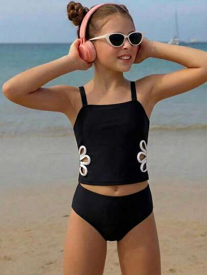 SHEIN Tween Girls TankinisKids Girls Swimsuit 2026 New Black Sling Bikini Two Pieces Children Swimwear Summer High Waist Beachwear Bathing Suit Swimming Summer Vacation Thermal Christmas Holiday Festival New Years Valentines Swim Swimsuits For 14 Year Old Black Two Piece Black Bathing Suits For Girls Two Piece Tween Black Bathing Suit Black Two Piece Bathing Suit Black Tween Swimsuit Kids Bikini Set High Waist Bikini Set Black And Pink Flower For Tween For 8 Years Old Bikini Set Black White Flower For Tween
