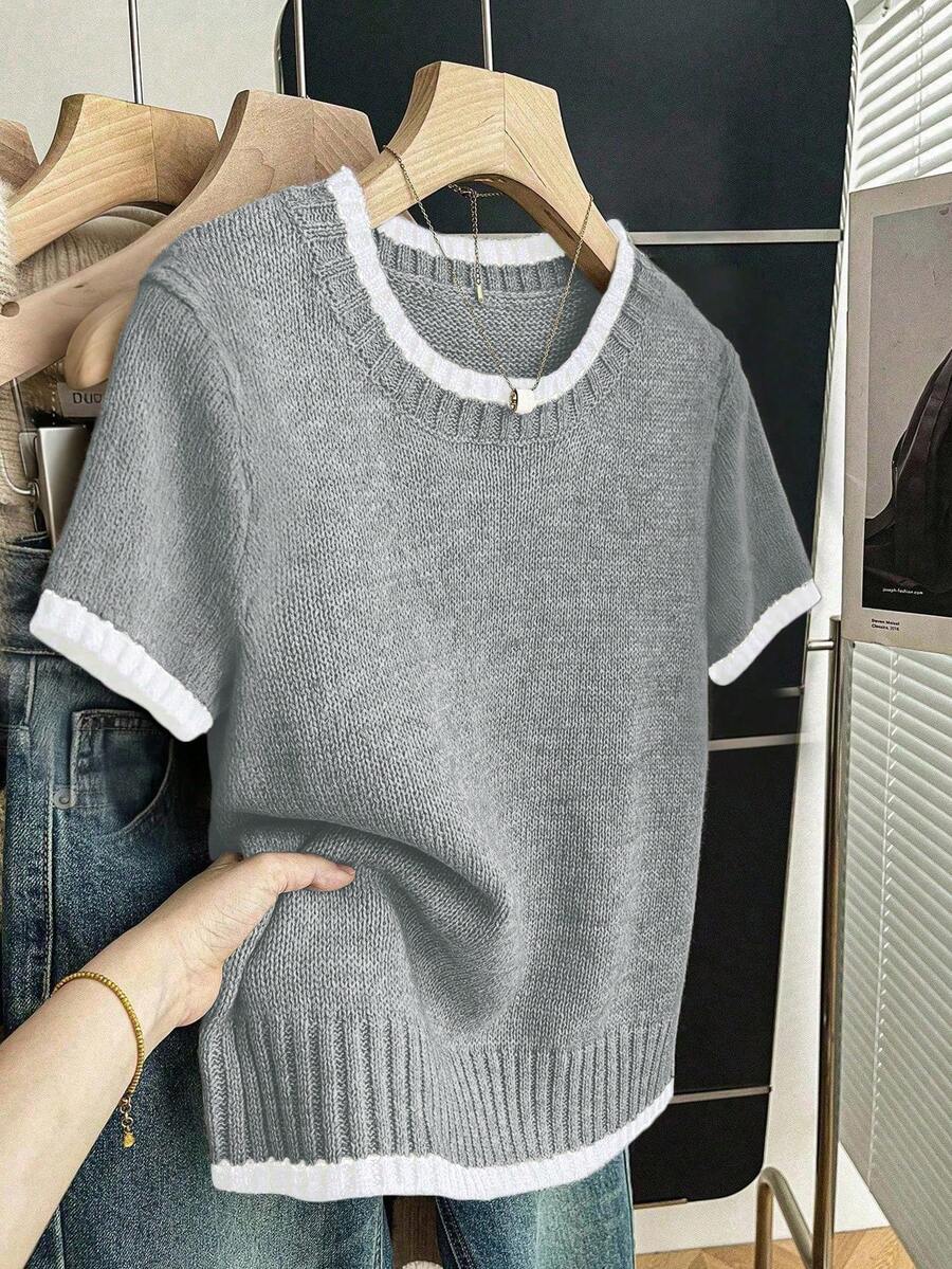 SHEIN Franclia Áo dệt kim casual mùa hè tối giản, cá tính, phối màu tương phản, kiểu dáng mới về dành cho nữ. - Xám - Xem 1