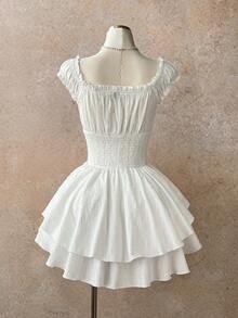 Elamini 春夏休闲度假方领收腰棉质白色连衣裙（女款） - 白色 - 查看 2