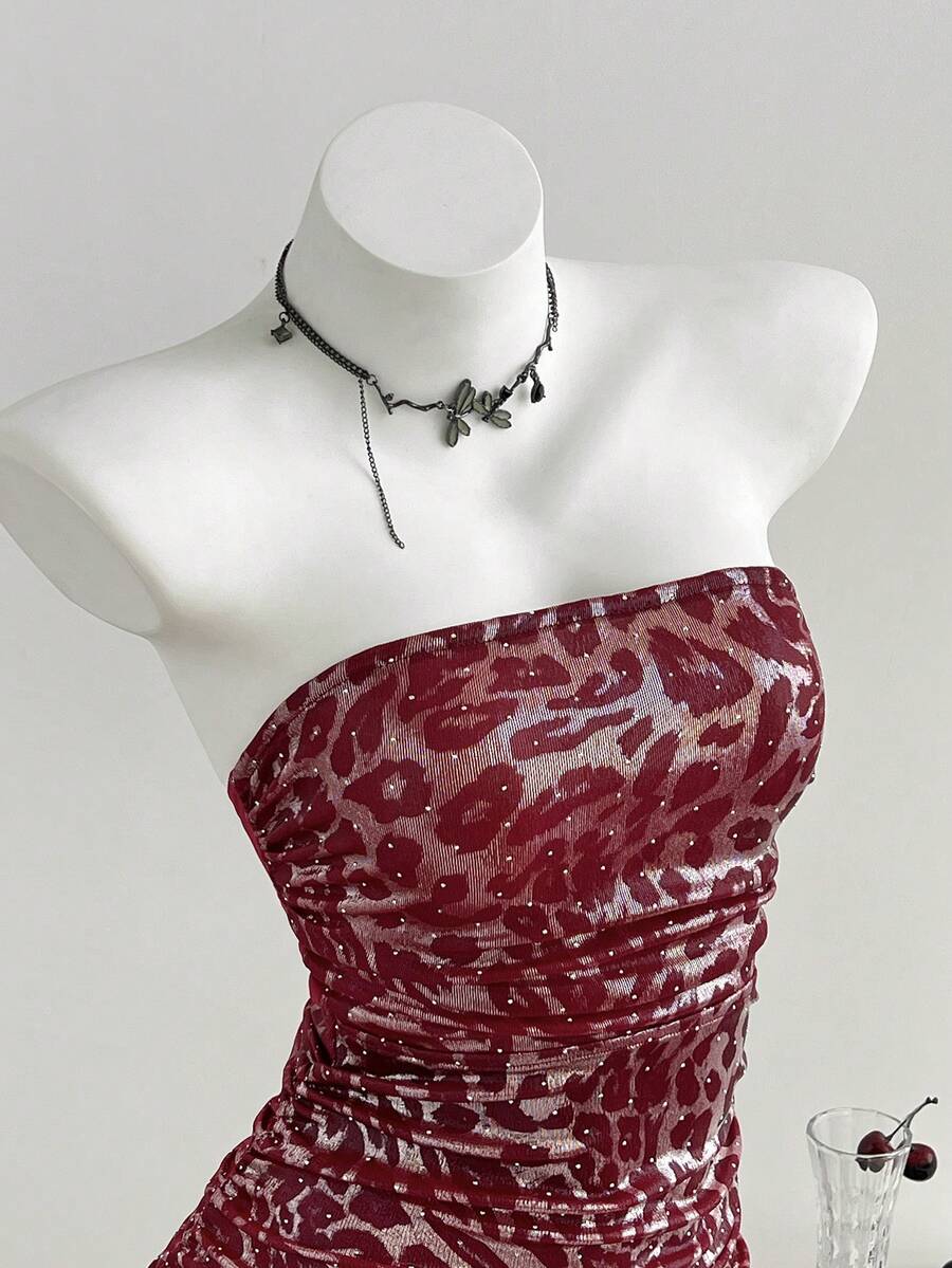 Elamini Women's Sequin Leopard Print Ruched Bandeau Dress, Casual Vacation Wear - Burgundy - View 1