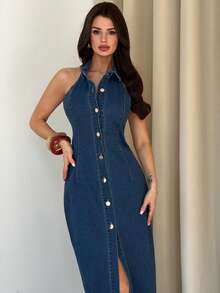 Firerie Women's Sleeveless Casual Buttoned Halter Neck Denim Dress Summer Carnival Costume Commuting Vacation Graduation Chic Y2k Cute Streetwear Party Wedding Elegant Business Casual Woman Business Beach Graduation Easter Elegant Women Denim Halter Neck Button-Front Sleeveless Midi Dress Blue - Blue - View 6