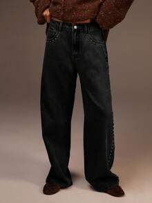 Athîral 女士铆钉直筒宽松牛仔裤，带腰带环 - 黑色 - 查看 4