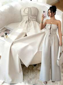 Elenzga 女士时尚纯色露背吊带连体裤 - 杏色 - 查看 1