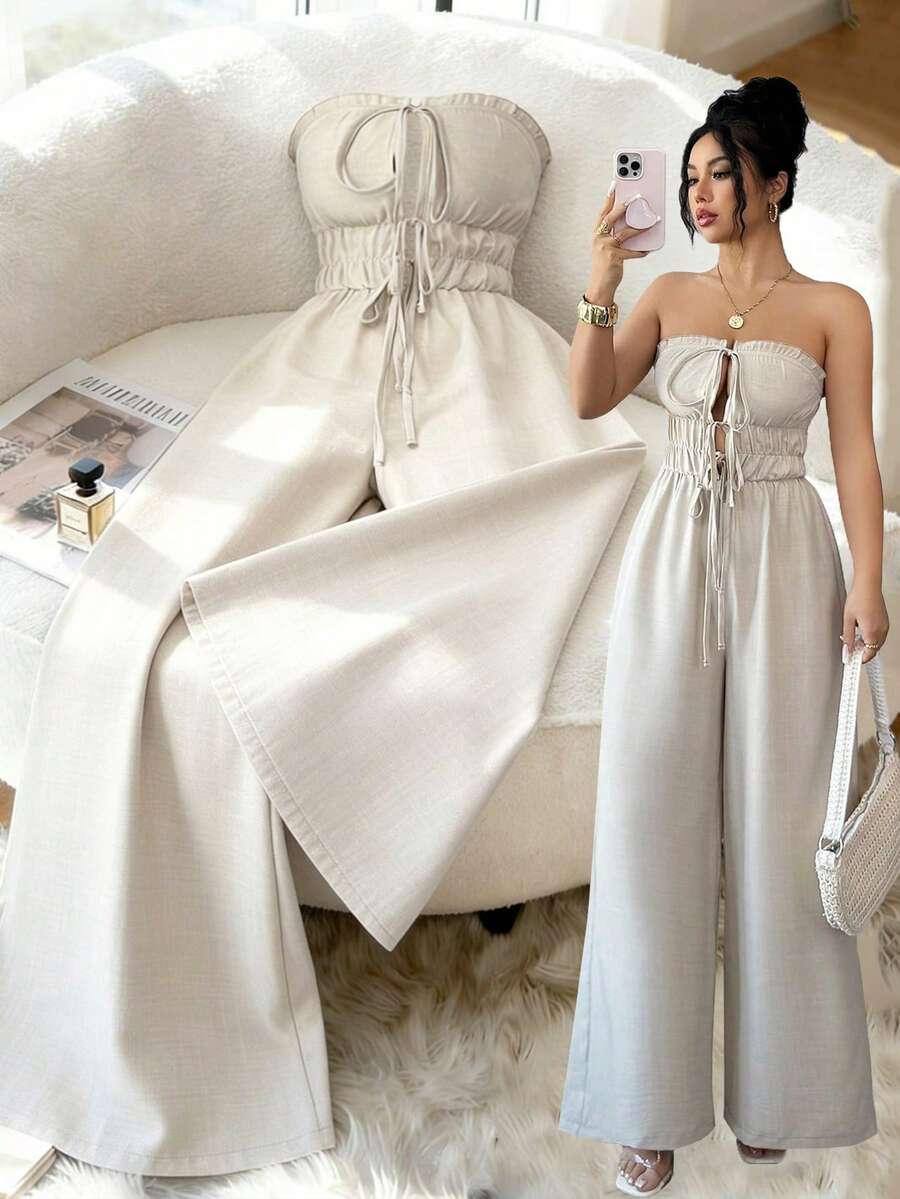 Elenzga 女士时尚纯色露背吊带连体裤 - 杏色 - 查看 1