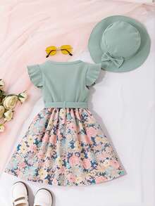 SHEIN Vintaside Kids Young Girl Floral Print Ruffle Trim Belted Dress & Accessory Hat - Multicolor - View 2