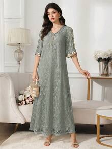 Al Najma 女士V领花卉刺绣蕾丝休闲派对阿拉伯风格连衣裙 - 綠色 - 查看 6