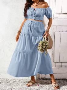 Lyckli Maternity Vacation Solid Color Frill Off-Shoulder Cropped Top And Adjustable Waist Midi Skirt 2-Piece Set - Baby Blue - View 5