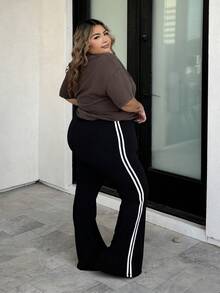 SHEIN Unity Women's Plus Size Patchwork Side Split Flare Pants, For Apple & Rounded Body Shape - Black - View 4