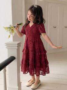 DAZY Girls Floral V-Neck Ruffle Trim Dress, Young Girl Fall Clothes - Burgundy - View 4