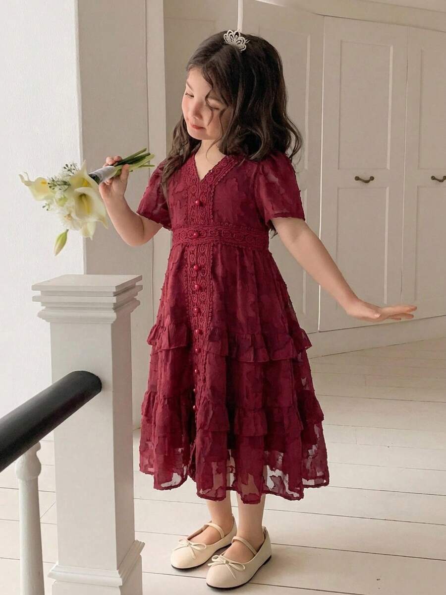 DAZY Girls Floral V-Neck Ruffle Trim Dress, Young Girl Fall Clothes - Burgundy - View 1