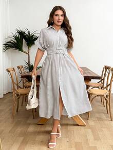 SHEIN LUNE Đầm sơ mi nữ cỡ lớn kẻ sọc tay cánh dơi thiết kế khóa eo kiểu dáng thường ngày - Nhiều màu - Xem 7