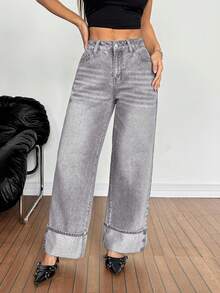 SHEIN PETITE Summer PETITE Women's High Waist Pockets Wide Leg High Waisted Grey Wide Leg Denim Pants For Women Cuffed Hem Button Detail Baggy Jeans Loose Casual Versatile Grey Washed Jeans - Black - View 5