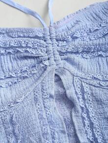 Sweetra Lace Trim Drawstring Splice Strapless Camisole Top For Women - Baby Blue - View 7