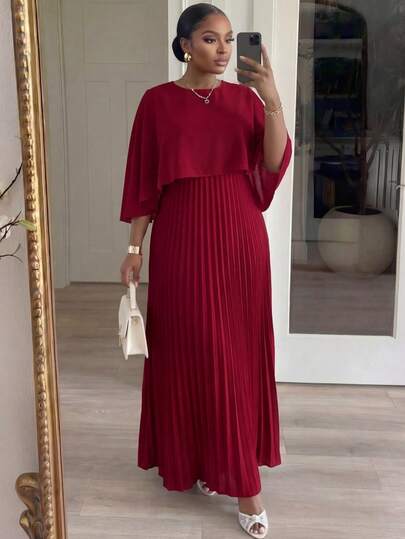 SHEIN Lady CURVE 大码纯色褶皱连衣裙，时尚夏季女式教堂连衣裙女士节日装白色连衣裙优雅大方节日连衣裙