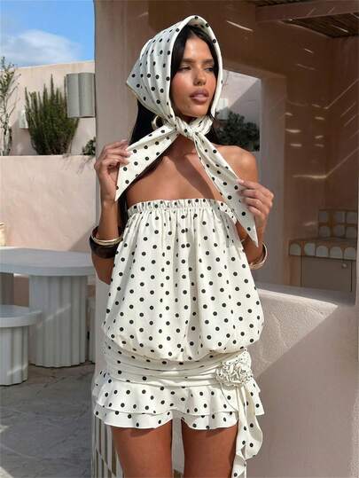 Aloruh שמלת מיני אלגנטית לנשים עם עיטור פרחוני תלת-ממדי, מותן בגזרה רחבה, קפלים, נקודות פולקה