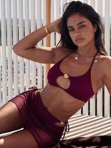 Bonvoyette 3 pièces Ensemble de bikini sexy violet rouge pour femmes, avec découpes, décoration de coquillage doré, bretelles ajustables, liens sur les côtés, froncé, mini-jupe en maille, convient pour la natation, les vacances, la plage, les fêtes de piscine - Fushia - Voir 4