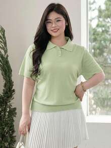 Dazy Plus Solid Color Polo Collar Fitted Short Sleeve Knit Top, Spring/Summer/Autumn - Mint Green - View 5
