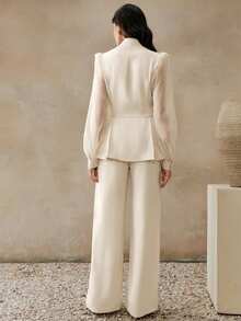 Anewsta这款优雅亮片刺绣修身休闲时尚女装套装，采用透气网眼袖设计，适合日常穿着、通勤或参加派对。 - 杏色 - 查看 7