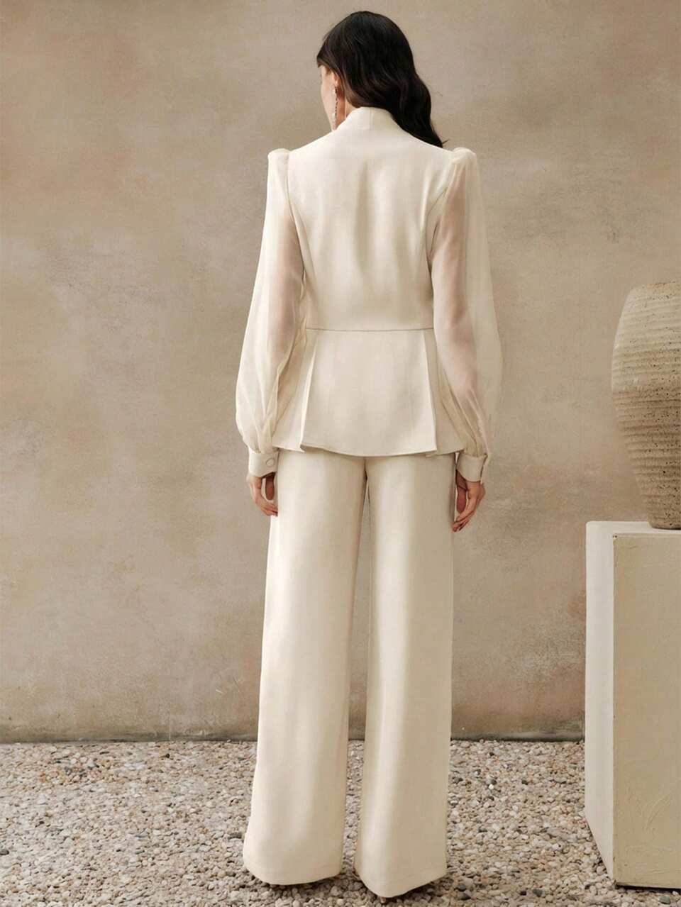 Women's Cream White Rhinestone Sequin Fitted Top With Mesh Sleeve Splice Design + Casual Loose Pants Set,Autumn Elegant Formal Commute Party Vacation