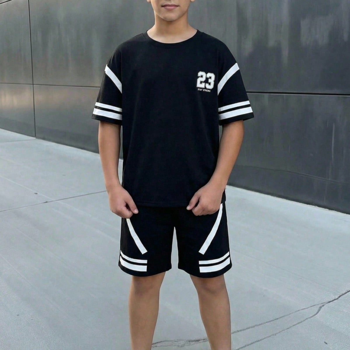 Set de 2 piezas de camiseta de manga corta de cuello redondo y pantalones cortos casuales para niños preadolescentes, adecuado para ir y venir, la es