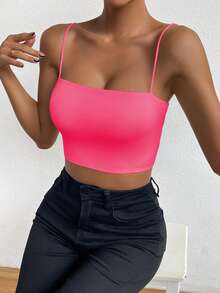 Chiquease Fluorescent Red Color Offthe Shoulder Sleeveless Basic Top, Top,Elevated Elegance Top,Streetwear,Women Birthday Top,Sparkly Top,Concert Top,Club Top,Date Night Top,Basic Top,Going Out Top,Casual Knit Top,Y2K ,Vitamin Colors,Tops For Women Summer Cute,Crop Tops For Women,Cami Tops For Women,Women's Tops For Summer - Pink - View 5