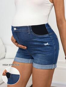 SHEIN 孕妇夏季休闲水洗做旧牛仔短裤 夏季嘉年华服装 通勤 度假 毕业季 时尚 Y2K 可爱街头风 派对 婚礼 优雅 商务休闲 女装 大码 船领牛仔连衣裙 短袖 松紧腰 迷你裙长 休闲舒适 - 藍色 - 查看 9