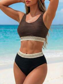 Swim Vcay Bộ bikini kiểu Bohemian nhiều màu sắc, chất liệu vải gợn sóng, dây đeo dệt tương phản màu sắc trang nhã, lãng mạn, thích hợp cho kỳ nghỉ biển, đi biển, dã ngoại trà chiều, tiệc tùng, mặc hàng ngày, thư giãn, thể thao ngoài trời, trang phục thời trang, kỳ nghỉ biển 2026. Đồ bơi nữ mới về cho trường học, thích hợp cho kỳ nghỉ, hẹn hò, trà chiều, phong cách phương Tây, du thuyền, bãi biển, đảo, du lịch đường bộ, mọi mùa, lễ hội âm nhạc, kỳ nghỉ Boho, kỳ nghỉ Bohemian, mùa thu thư giãn, phong cách Boho phương Tây, váy thanh lịch cho phụ nữ, đồ bơi in họa tiết đầy màu sắc sống động cho kỳ nghỉ. Áo bơi màu nâu cho nữ, bộ hai mảnh, đồ bơi hai mảnh màu nâu cho nữ, đồ bơi hai mảnh kín đáo cho bãi biển. - Nhiều màu - Xem 4