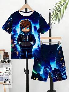 Tween Boy Black Summer Casual City Break Shorts Set,Creative Square Figure Print Refreshing Minimalist Hoodie & Comfortable Shorts For Daily Wear - Multicolor - View 8