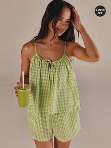 Athîral 女士格子时尚吊带背心和短裤两件套 - 綠色 - 查看 4
