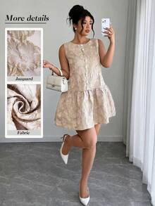 Elenzga Vestido de mujer talla grande de cuello redondo elegante con ribete de volantes y tela jacquard, adecuado para uso diario, oficina y casual, primavera/verano - Rosa - Ver 1