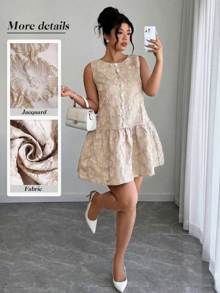 Elenzga Vestido de mujer talla grande de cuello redondo elegante con ribete de volantes y tela jacquard, adecuado para uso diario, oficina y casual, primavera/verano - Rosa - Ver 1