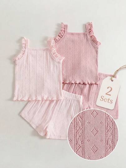 2 Piece Set Toddler Girl Tween Girls Outfit Sweet Y2K Style Pink White Diamond Cable Knit Flutter Ruffle Cap Sleeve Soft Thick Tops Shirts Blusas Summer Clothes Tops Daily Vacation Beach Wear For Spring Summer Toddler Summer Gauze Tops Elegant Tops For Toddler Girls