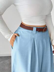 Elenzga Celana Panjang Wanita Ukuran Besar Warna Beige Polos dengan Potongan Lebar, Gaya Elegan, Modis untuk Berpergian dan Pakaian Kantor - Baby Blue - View 6