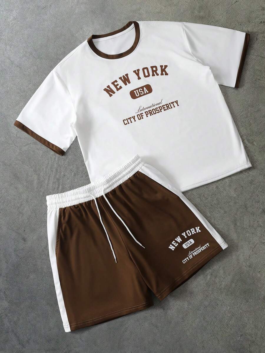 PAVTROS Men's Letter Print T-Shirt And Shorts Set - White - View 1