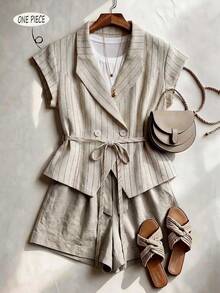 Franclia Women's Striped Knotted Casual Versatile Commuting Blazer - Khaki - View 1