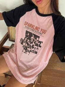 DAZY Figure And Slogan Printed Round Neck Colorblock Raglan Sleeve T-Shirt Graphic Tee - Pink - View 4