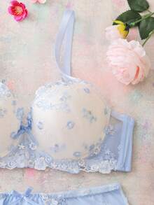 FloralLove Bộ 2 áo ngực có gọng nâng ngực kiểu balconette thêu hoa, thoải mái, dễ thương, tươi tắn, lãng mạn, họa tiết bướm, kiểu babydoll. - Màu xanh lam - Xem 4