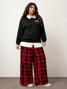 Enliva Plus Size Women's Colorblock Shirt Collar Sweatshirt And Red Plaid Pants Set, Christmas Pattern And Elastic Waist Details Set, Compatible With Apple Rounded Body Shape/2026 /New Year - Multicolor - View 7