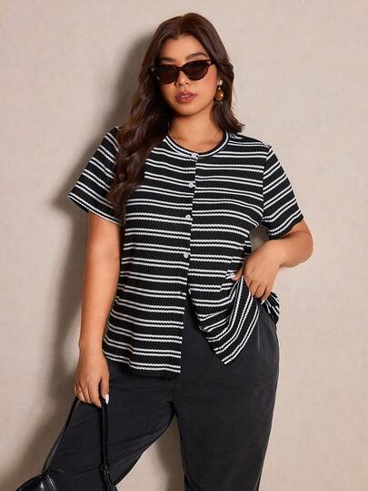 Elaquor Plus Size Women Summer Casual Minimalist Striped T-Shirt, Going Out Tops