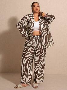 Elaquor Plus Size Women Zebra Print Long Sleeve Kimono Shirt And Pants Set - Multicolor - View 5
